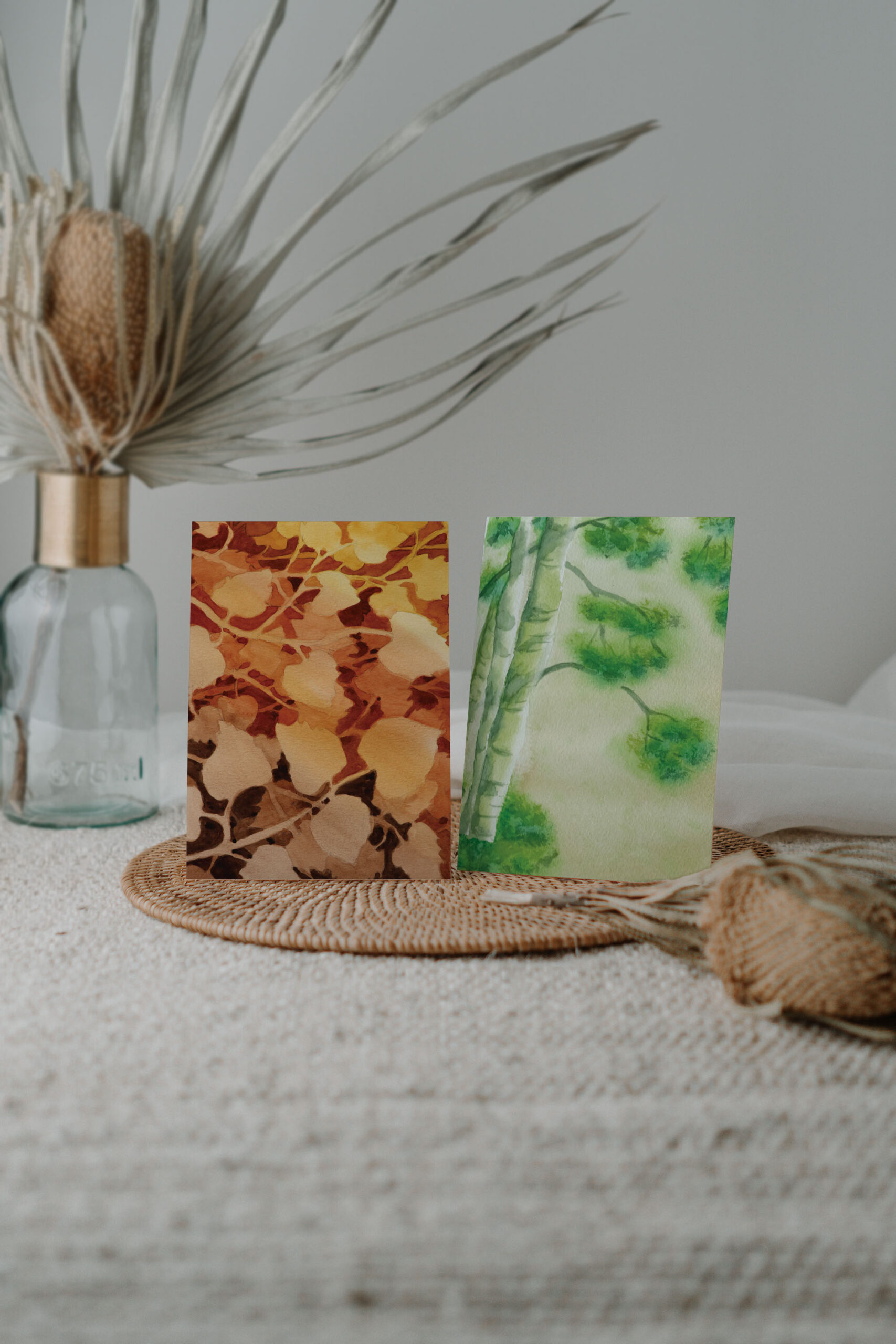 set of two handmade greeting cards featuring botanical art, originally painted with watercolors